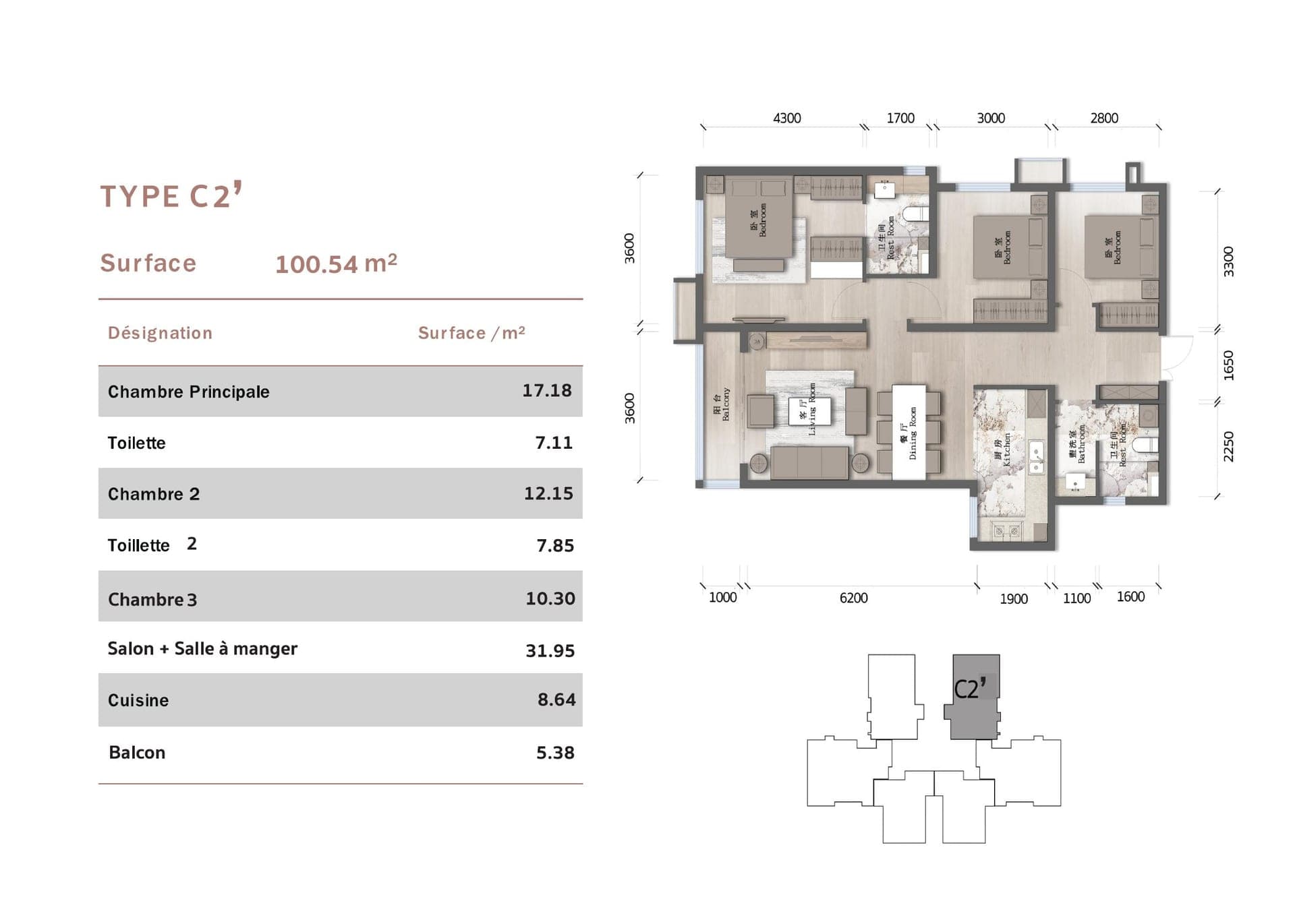 Plan appartement Type C2' (variante symétrique)